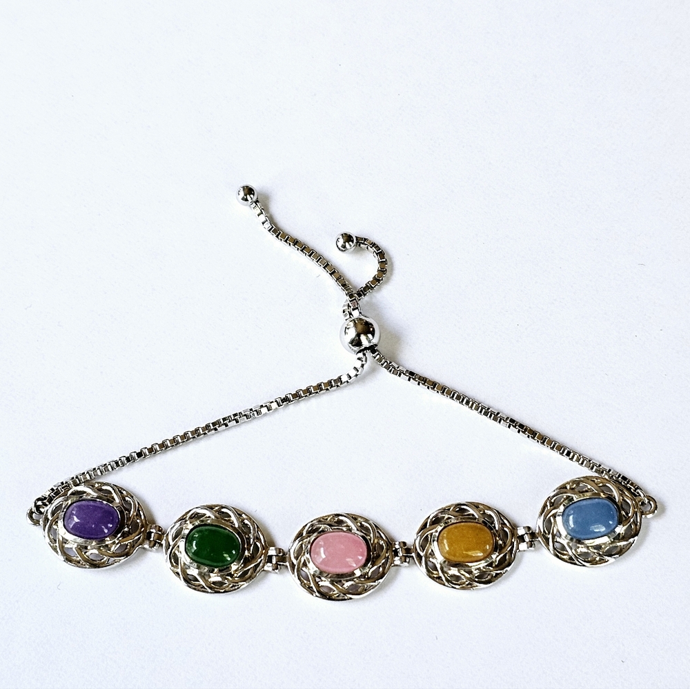 Genuine Multicolor Jade Bolo Bracelet in Platinum over Sterling Silver! ✨️